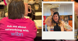 The picture shows a lady with a bowl of spagetti on her head to represent the messiness of a business persons brain.