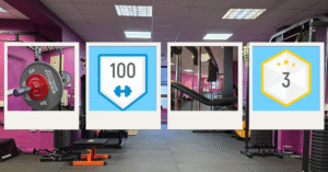 Photos of a gym and app badges earnt during workouts.